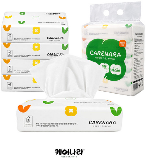 케어나라 부드럽고 깨끗한 먼지없는 소프트팩 미용티슈 150매 2겹 100% 천연펄프, 10개, 150매입