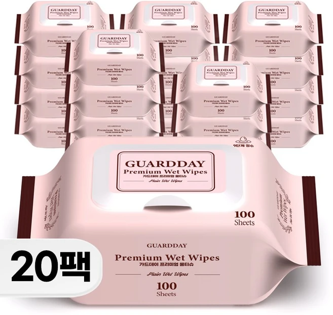 가드데이 프리미엄 정제수 휴대용 물티슈 캡형, 230g, 100매입, 20개 - 쿠팡