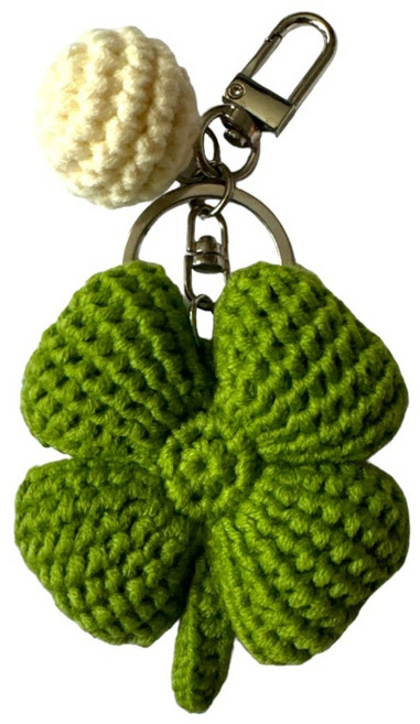 이엔민 핸드메이드 코바늘 손뜨개 행운 네잎클로버 키링 열쇠고리 백참, 1개, 방울-올리브