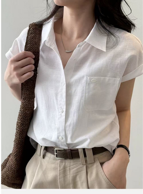 영메이 YM23491 여성 시원한 쿨 냉감 캡슬리브 포켓 린넨 반팔셔츠 카라 블라우스
