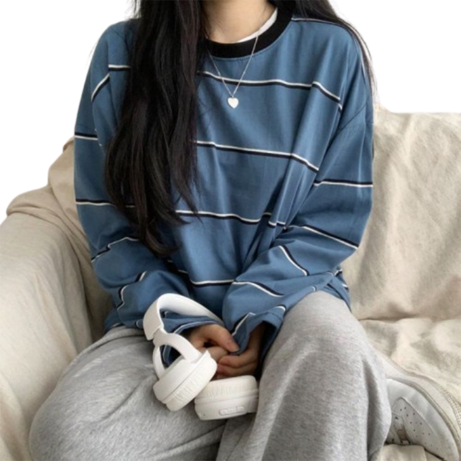 탑트레일 여성 빅사이즈 큰스트라이프 얇은 긴팔티 오버핏 캐주얼 편안한옷