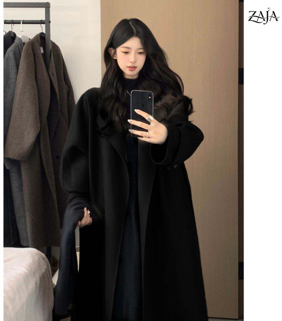 ZAJA 여성 루즈핏 카라넥 롱 모직 코트