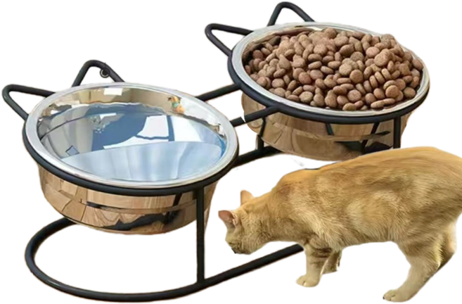스테인레스 스틸 고양이 밥그릇2구+논슬립 베이스 전복방지 고양이물그릇 개밥그릇 애견식기, 블랙, 14.7*5cm