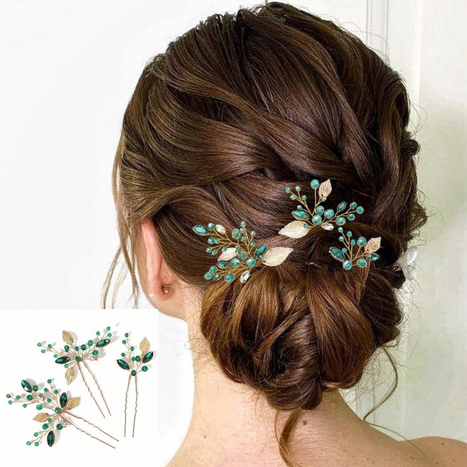 [3개] 녹색 웨딩헤어핀 한복머리장식 혼주머리장식 헤어코사지