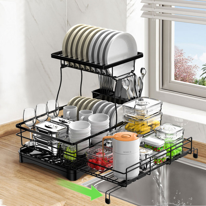 빈치 서랍식 확장형 식기건조대 대용량 다용도 공간 활용 끝판왕, 1개, 블랙, 2단
