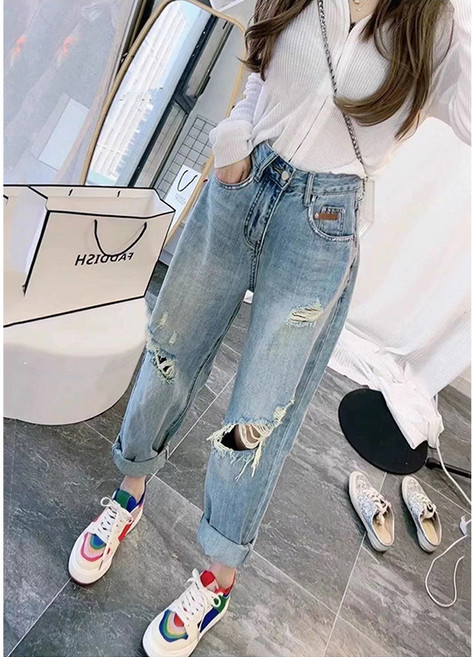 쁘띠꼬모 여성용 하이웨스트 배기 팬츠 데미지 찢청 데님팬츠 H521516