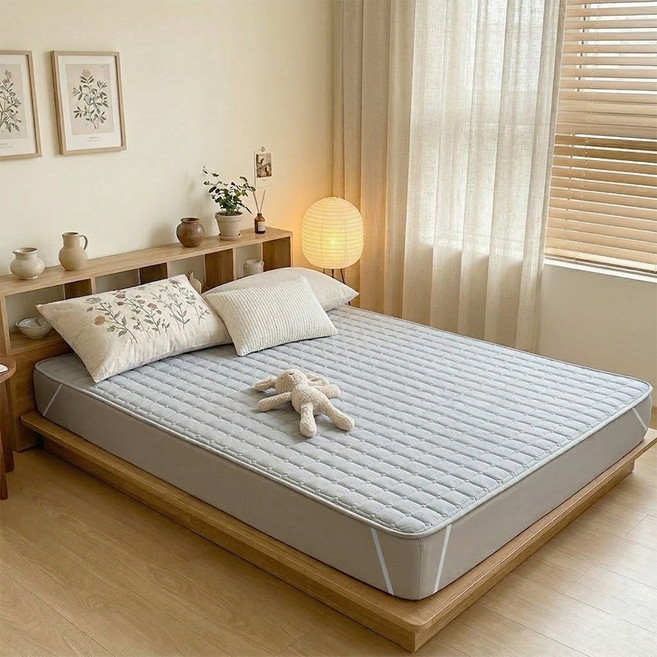 리보아 사계절 순면 누빔 매트리스 침대 패드 고정밴드형, 그레이