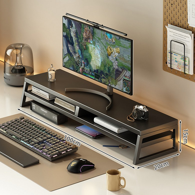 모니터 받침대 듀얼 월넛 원목 높이조절 2단 책상 거치, 1개, 이중층 팬텀블랙 100x20x15cm