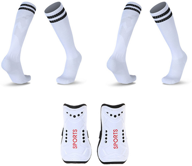 wrikri 아동용 논슬립 스트라이프 축구 양말 2세트+ 정강이 보호 WBCSS2, 화이트, 3개