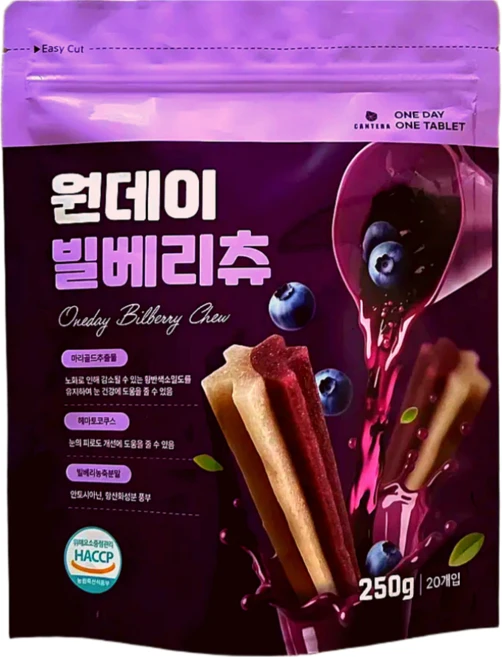 원데이 빌베리츄 개껌! 강아지 눈건강 루테인 아스타잔틴, 빌베리맛, 250g, 1개 - 쿠팡
