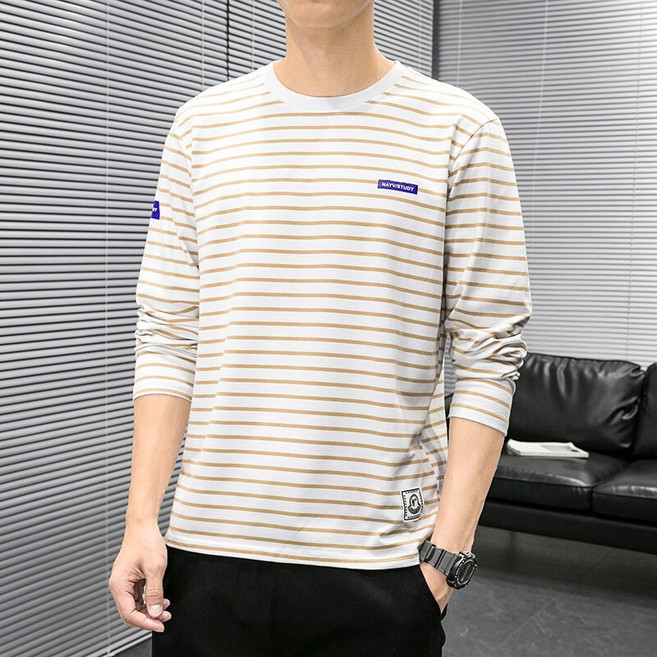 봄 가을 남성 긴팔 트렌디 레깅스 패션 트렌디 맨투맨 골프 티셔츠 줄무늬 라운드넥 루즈핏 긴팔티