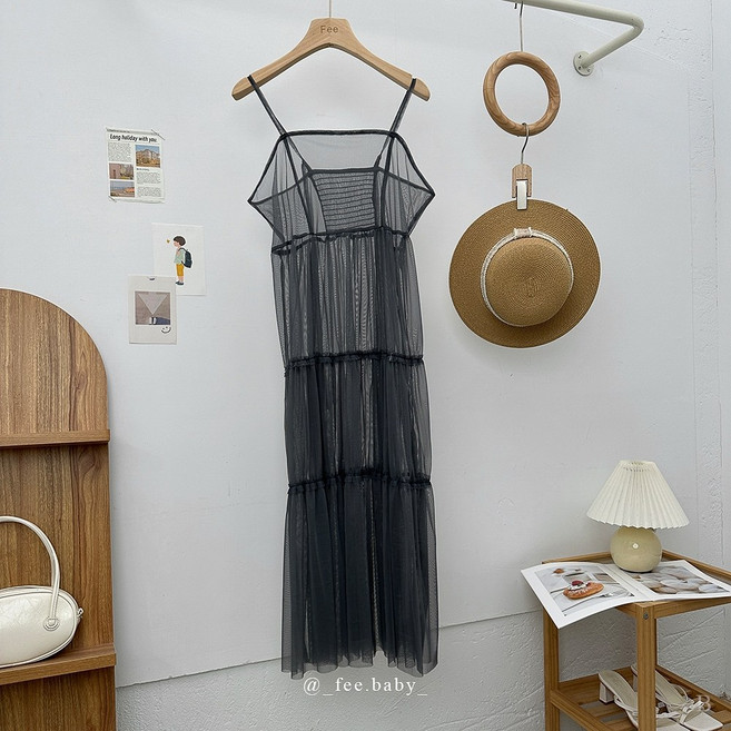 Fee 輕柔網紗細肩帶透膚外罩紗裙 蛋糕層次設計 多樣綁帶穿法, 現貨-深灰色F