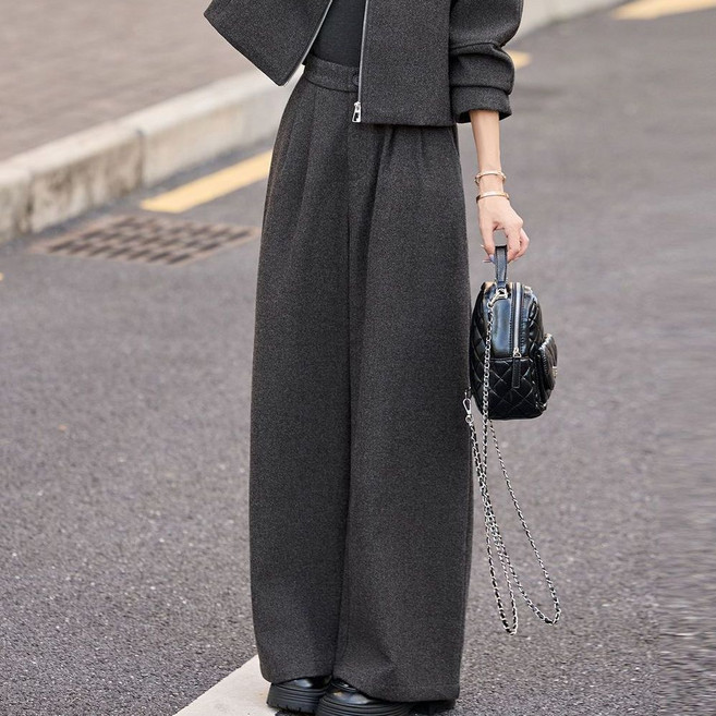 Seofst 여성 가을겨울 빅카라 모직 루즈핏 투피스 세트 (자켓+와이드팬츠)