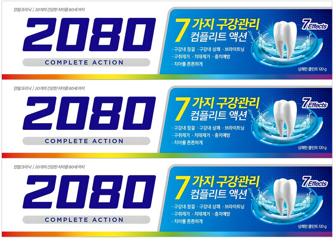 2080 컴플리트액션 쿨민트향 치약, 120g, 3개
