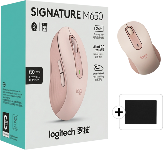 로지텍 M650 SIGNATURE 무소음 무선 마우스 M650L 병행+스토리링크 패드, +스토리링크 마우스 패드, 로지텍 M650_로즈핑크