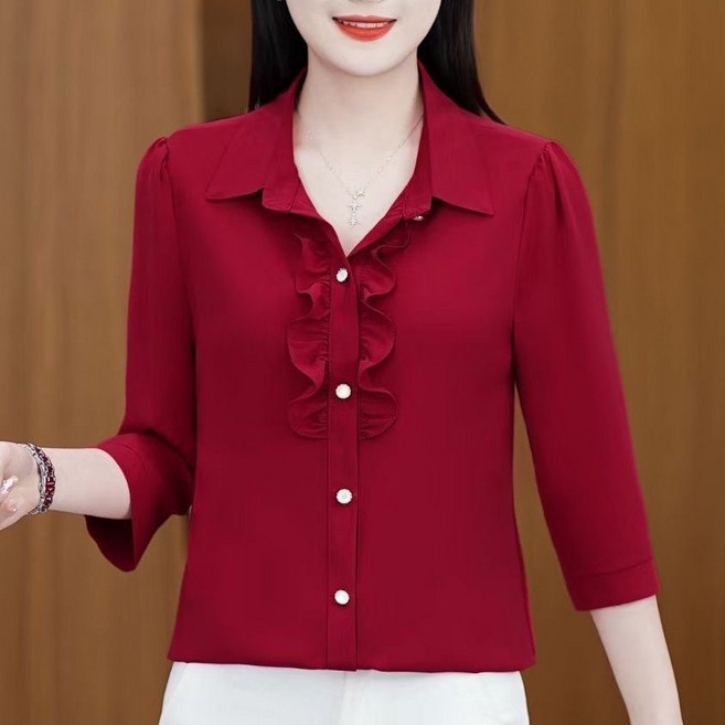 DUOMIHAN여성 스러운 프릴 진주단추 카라 블라우스 7부 소매 ZP06