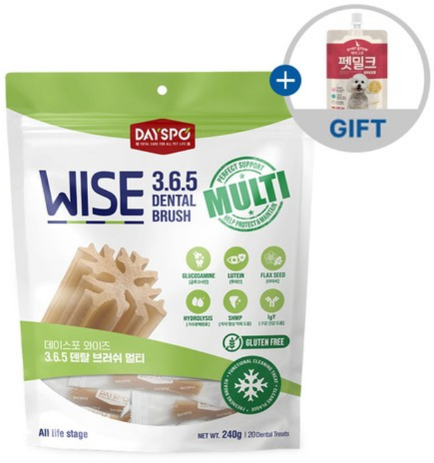 [펫밀크 150ml] 데이스포 와이즈 3.6.5 덴탈케어 브러쉬 종합건강 240g 강아지껌, 없음, 1개