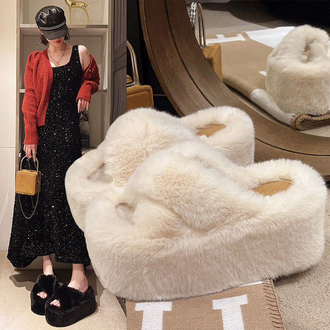 여성 가을겨울 통굽 9CM 키높이 퍼 슬리퍼 소프트 웨지 캐주얼 슬리퍼