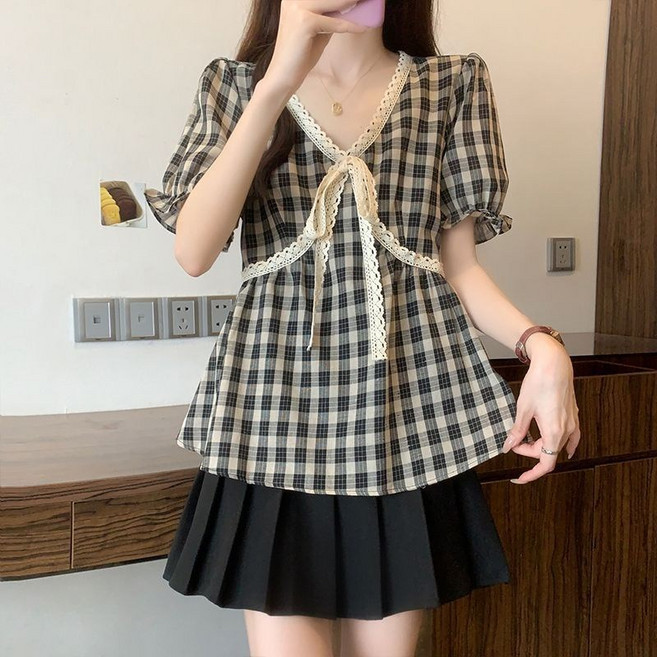 COSYEVNO 반팔 셔츠 체크 레이스 리본 루즈핏 여름 여성 브이넥 티셔츠