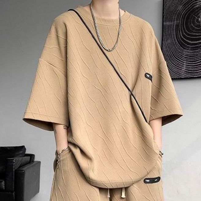 大碼男裝 重磅短袖短褲兩件套 提花寬鬆潮牌運動裝