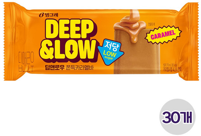 빙그레 딥앤로우 쫀득카라멜바 /저당 아이스크림, 30개, 70ml