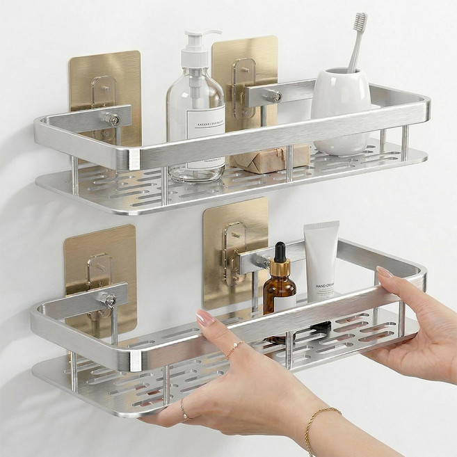 뉴하 클린라인 다용도 무타공 일자 욕실선반 2개, 1세트, 실버