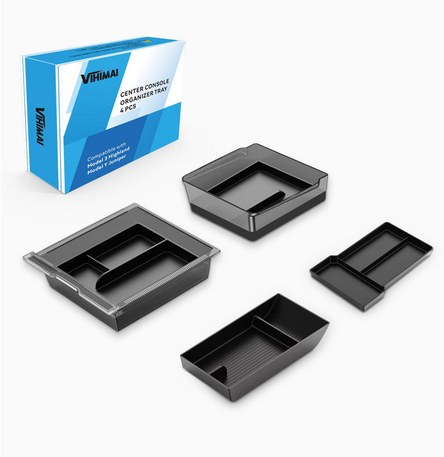 Vihimai 테슬라 모델Y 주니퍼 모델3 하이랜드 전용 팔걸이 상자 및 센터 콘솔 보관 상자 팔걸이 상자 및 센터 콘솔 보관 트레이.4인1 세트, Model Y Juniper스모키 투명 색상