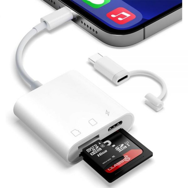 SUNTRSI 아이폰 아이패드용 SD 카드 리더기 마이크로 리더기 메모리 플러그 앤 플레이 트레일 카메라 어댑터 동시 충전 읽기, SD+TF+Charging_white, 1개, 흰색