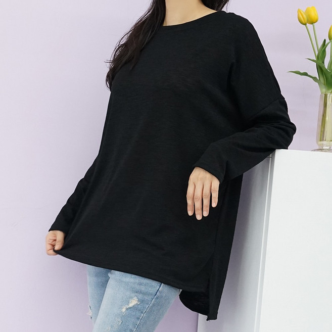 빅걸스토리 빅사이즈 여성 언발 슬라브 캐주얼 라운드 스판 긴팔티셔츠