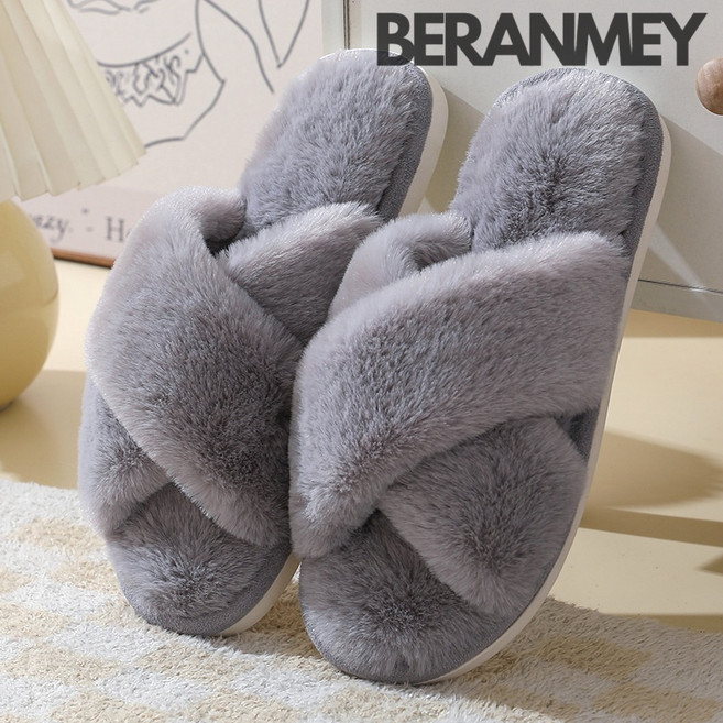 Beranmey 크로스 토끼털 슬리퍼 털신발 여성