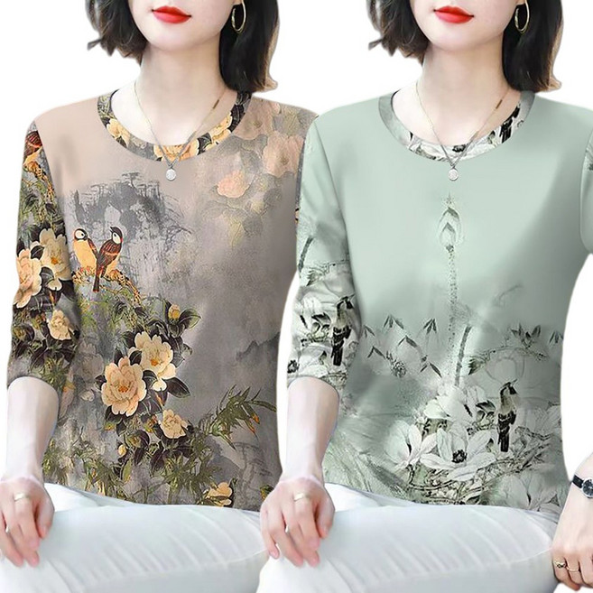 MOSAIRATION 여성 라운드넥 플라워 프린트 슬림핏 데일리 패턴 7부소매 캐주얼 티셔츠 B06031202