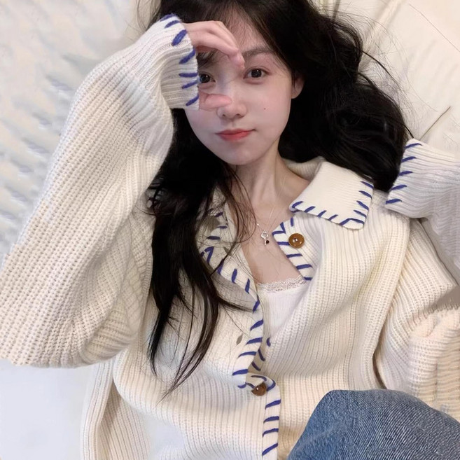 타임퓨어 봄 가을 여성용 카라 긴팔 니트 가디건 루즈핏 빅사이즈 여친룩 데일리룩 오피스룩 레이어드 스타일 편안 니트웨어 아우터 캐주얼