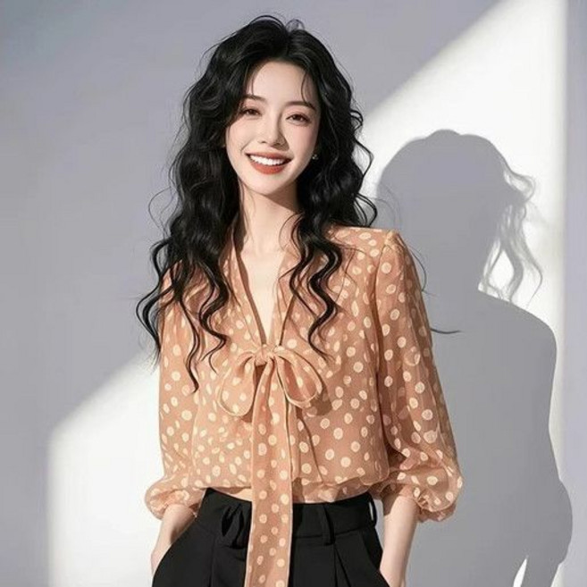 COSYEVNO 여성 봄 여름 쉬폰 블라우스 7부 리본 넥라인 도트 루즈핏 BCXxfs-2