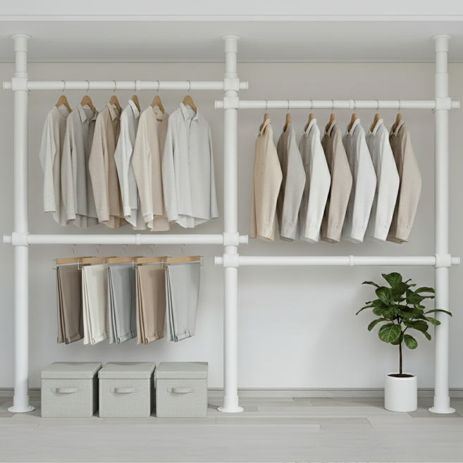 38파이 와이드 4단 행거 튼튼한 고정식 시스템 행거, 넓이 200-360cm x 높이 110-260cm