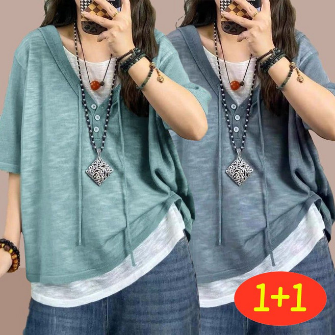 1+1빅사이즈 여름 루즈핏 후드 간절기 반팔티 캐주얼 여성 나른한 편안한 레이어드 디자인 상의