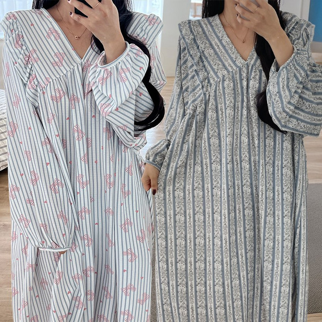 긴팔 여신 빅사이즈 감성 오버핏 파자마 홈웨어 원피스 44~120