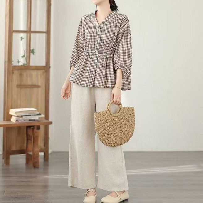 루스리더 여성 허리조임 체크무늬 7부 블라우스 RZ30