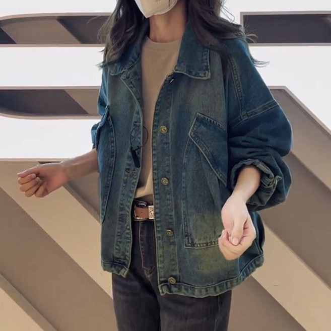 TIMEPURE 여성용 데님 셔츠 재킷 빈티지 오버핏 남녀공용 데님 코트 캐주얼한 빅 포켓 디자인 어떤 바지와도 잘 어울린 유니섹스 미디움 기장 루즈핏 데님 외투