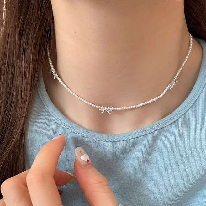 FANSYLI 리본 진주 목걸이 여성 심플 믹스 진주 목걸이 14k 18k 도금 비즈 진주 목걸이 쇄골 초커 목걸이 W2506J25