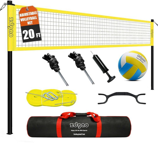 Zdgao 뒷마당용 6.1m(20피트) 배구 네트 야외 높이 조절 가능한 배구공 펌프 경계선 및 뒷마당 해변 잔디밭용 휴대용 가방 포함 쉬운 설치 운반 236080