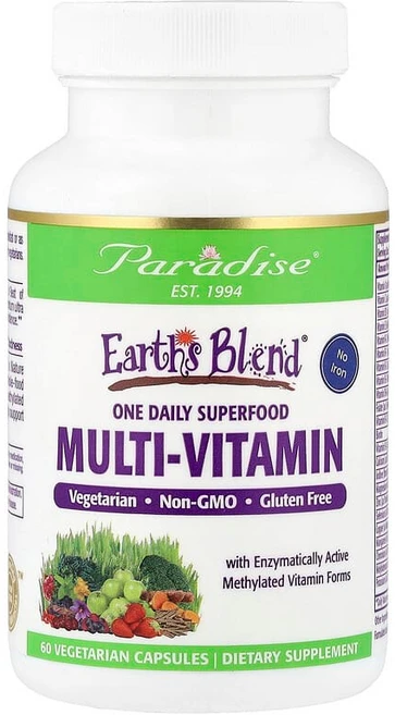 Paradise Herbs Earth's Blend 원 데일리 슈퍼 푸드 종합비타민 철분 무함유 베지 캡슐 60정 PAR-77827 - 쿠팡