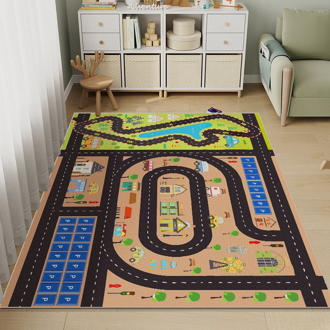 兒童地墊 汽車停車場主題爬行墊 客廳遊戲區臥室閱讀區早教地毯, 童趣小鎮道路毯