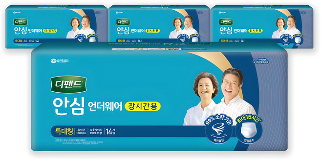 디펜드 남녀공용 안심플러스 언더웨어 성인기저귀 장시간용, 특대형, 14개입, 4개
