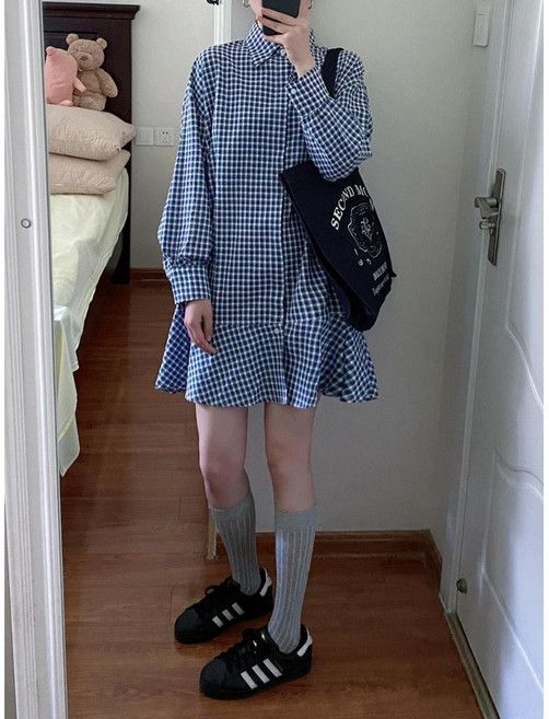 Seofst 여성 빅사이즈 체크 셔츠 원피스 루즈핏 슬림핏 효과 긴팔 카라 미니 원피스