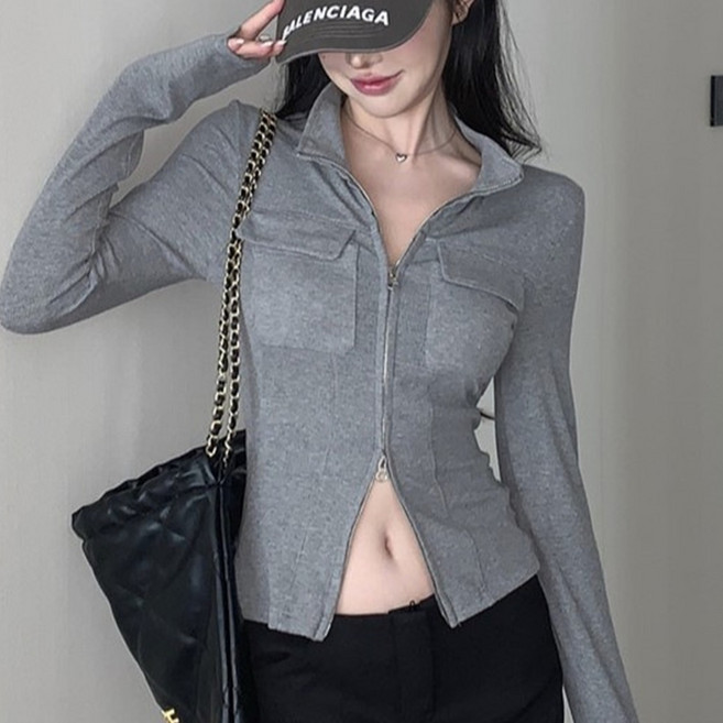 cammello 여성 투포켓 디테일 슬림핏 투웨이 카라 집업 긴팔티