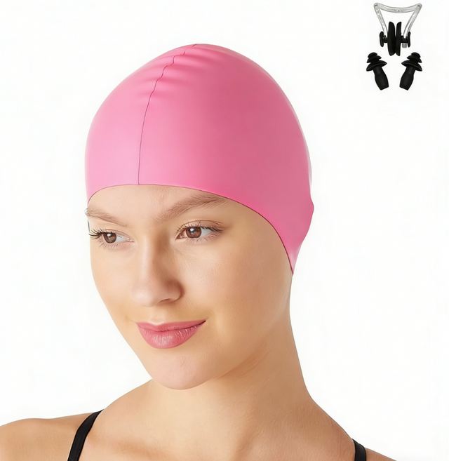 남녀공용 스판 수영모 + 귀마개 세트YMTZ008, 1세트, 핑크색
