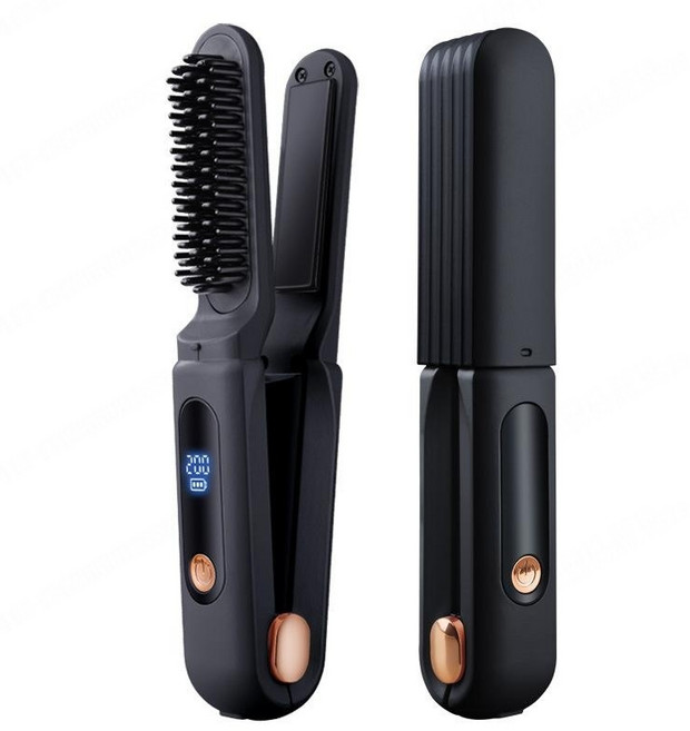 Darlisex 무선 빗고데기/판고데기 2in1 모발 손상 없는 3단계 온도조절 음이온 고데기 여행 출장 외출 휴대용 휴대용 무선 고데기, 블랙