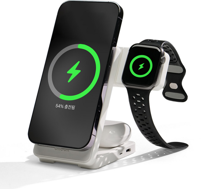 온아워 3in1 아이폰 애플워치 맥세이프 고속 무선충전기 거치대, 화이트, 1개