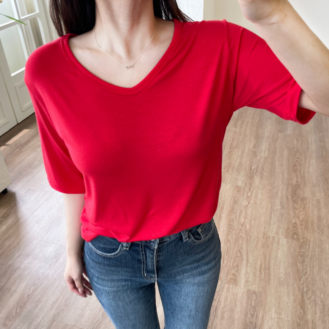 제이미핏 여성 쿨링 레이온 찰랑 브이넥 반팔 티셔츠