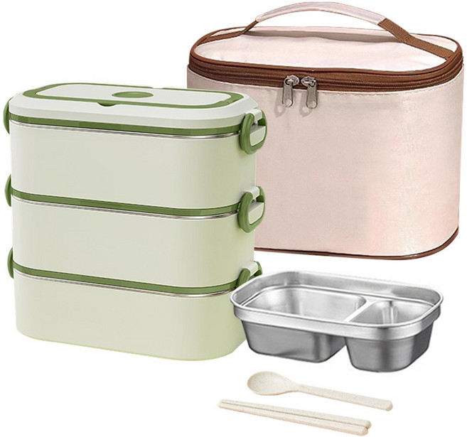 Frokom 한연솔 2단 3단 스텐 보온도시락통 전자레인지 적용 수저세트 휴대용보온백 포함 학생 직장인 런치박스 수능 보온도시락, 3단 그린, 1개